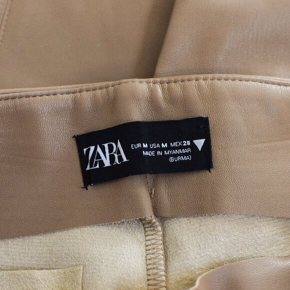Zara Tan Faux Leather High Waisted Split Hem Leggings Pants Size M - Picture 11 of 13